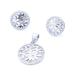 Srebrny komplet zawieszka i kolczyki drzewko szczęścia na obwódce cyrkonie pr 0,925