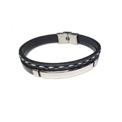 Bransoletka męska rzemyki, przeszycie białą nicią, srebrne zapięcie