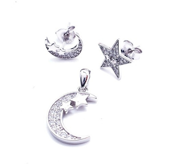 Srebrny komplet zawieszka i kolczyki księżyce i gwiazdki wysadzane cyrkoniami pr 0,925