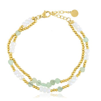 Bransoletka stal chirurgiczna podwójna złote kuleczki i kamyki w kształcie serca pozłacana 18k złotem