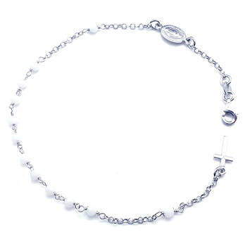 Srebrna bransoletka różaniec z krzyżykiem medalikiem i białymi kulkami pr 0,925