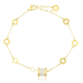 Bransoletka stal chirurgiczna beczółka i kółka ażurowe pozłacana 18k złotem