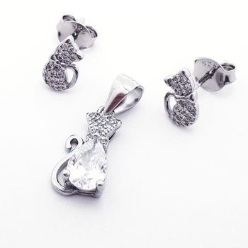 Srebrny komplet zawieszka i kolczyki koty z cyrkoniami pr 0,925