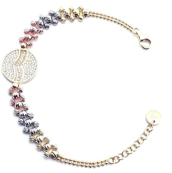 Srebrna trókolorowa bransoletka z dużymi i małymi klulkami oraz kółkiem z cyrkoniami pozłacana 18k złotem