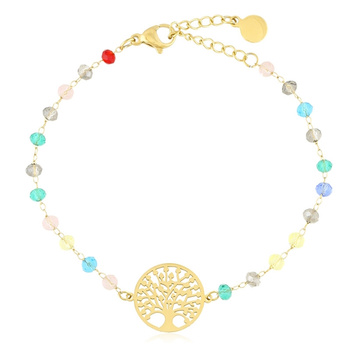 Bransoletka stal chirurgiczna drzewo szczęścia kolorowe kamienie pozłacana 18k złotem