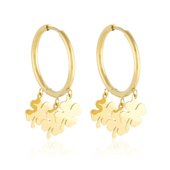 Kolczyki stal chirurgiczna kółko i trzy koniczynki pozłacane 18k złotem