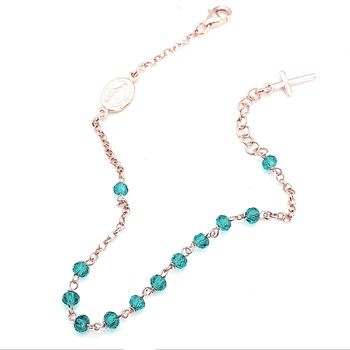 Srebrna bransoletka różaniec z krzyżykiem medalikiem i turkusowymi koralikami pozłacana różowym złotem pr 0,925