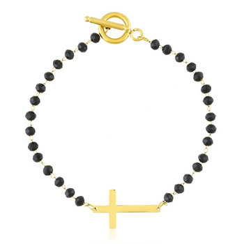 Bransoletka stal chirurgiczna krzyżyk okrągłe czarne kamyki pozłacany 18k złotem