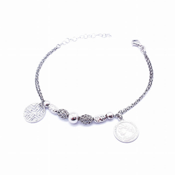 Srebrna bransoletka z rzymskimi medalikami, kuleczkami i ażurowymi fasolkami regulowana pr 0,925