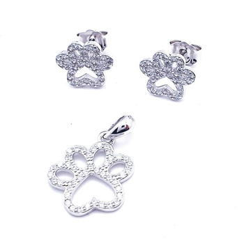 Srebrny komplet zawieszka i kolczyki psie łaplki z cyrkoniami pr 0,925