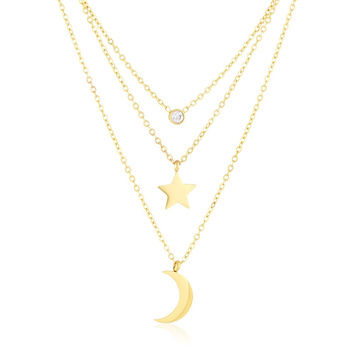 Naszyjnik stal chirurgiczna wielołańcuszkowy kryształek księżyc gwiazdka pozłacany 18k złotem