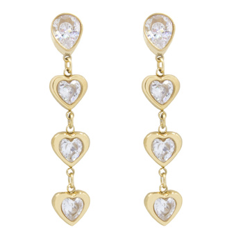 Kolczyki wiszące stal chirurgiczna trzy serduszka z cyrkonią pozłacane 18k złotem