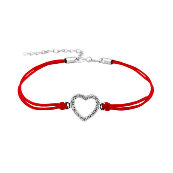 Bransoletka sznurkowa czerwona ze srebrnym cyrkoniowym serduszkiem