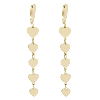 Kolczyki wiszące stal chirurgiczna rząd wiszących serc pozłacane 18k złotem