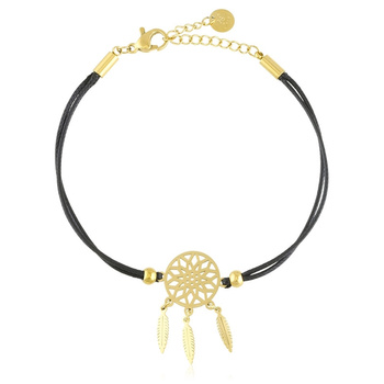 Bransoletka stal chirurgiczna łapacz snów ażurowe słońce sznurek czarny pozłacana 18k złotem