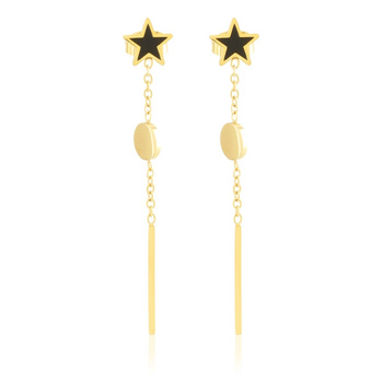Długie kolczyki wiszące stal chirurgiczna gwiazdka z czarnym wypełnieniem rurka i kółko pozłacane 18k złotem