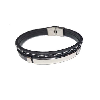 Bransoletka męska rzemyki, przeszycie białą nicią, srebrne zapięcie