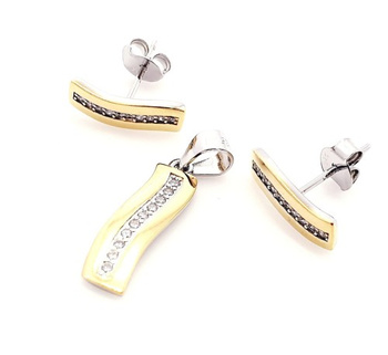 Srebrny komplet zawieszka i kolczyki tasiemki wysadzane cyrkoniami pozłacany 18k złotem