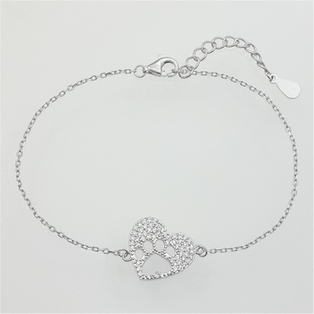 Srebrna bransoletka serduszko z cyrkoni i łapka w środku pr 0,925