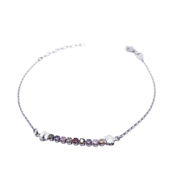 Srebrna bransoletka kwiatki i wielokolorowe oczka z cyrkoniami, regulowana pr 0,925