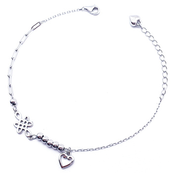 Srebrna bransoletka z kuleczkami, zawieszką sercem, ażurowym motywem oraz serduszkiem przy zapięciu, dwa sploty łańcuszka, regulowana pr 0,925