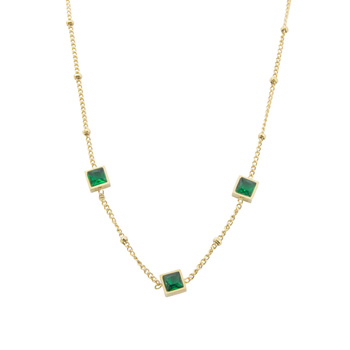 Naszyjnik stal chirurgiczna kwadraty z zielonymi kamykami pozłacany 18k złotem